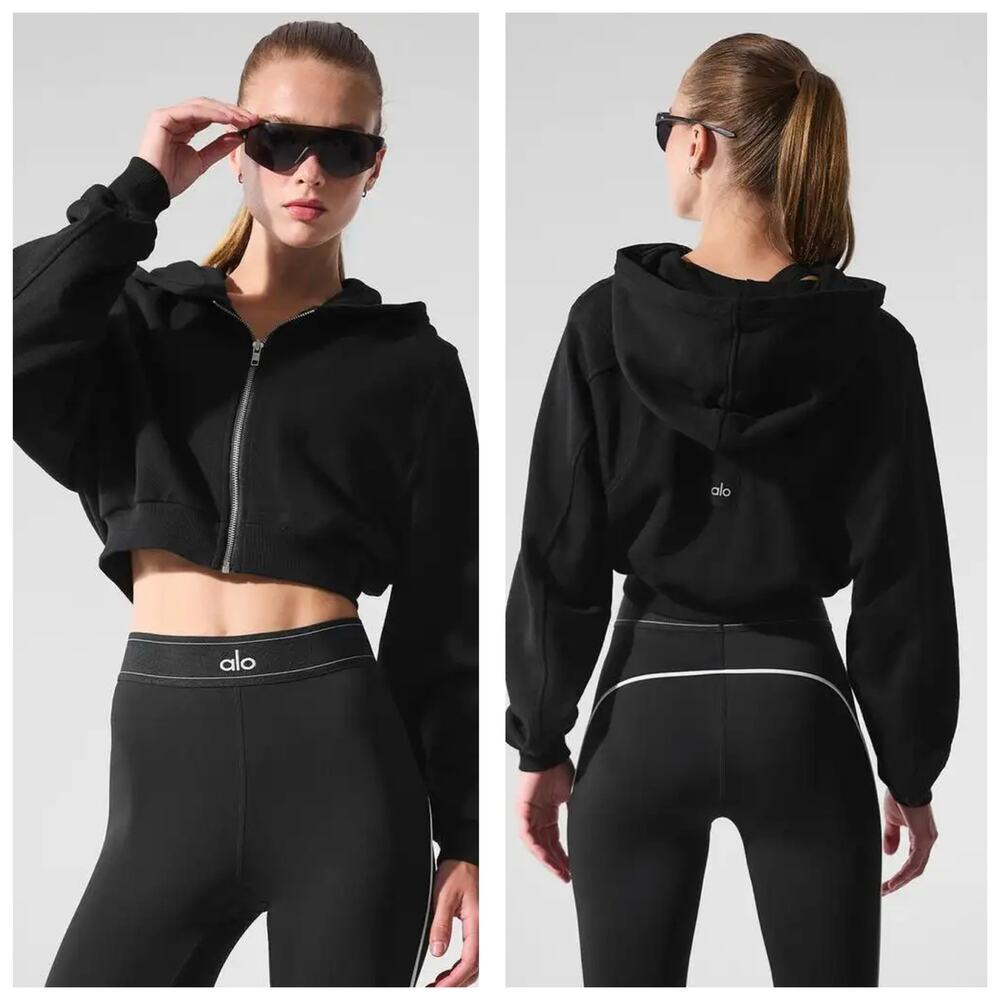 Alo Sweet Escape Zip Up Hoodie Black Cropped Loungewear Logo Back